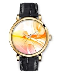 SPRAWL Aanalog Fashion Series Gold Ladies Watches of Genuine Black Leather Strap,Unique Wrist Watch for Women Girls Designed with Lines and orange circles