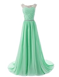 A-line Beaded Fitted Sheer  Chiffon Prom Dress  with a Court Train  With Rhinestones