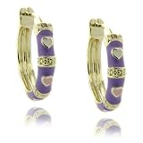 14k Gold Overlay Purple Enamel Heart Design Children's Hoop Earrings