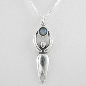 Celestial Lunar Goddess Pendant in Sterling Silver with a Rainbow Moonstone Gemstone Moon on a 16" Box Chain, #8720