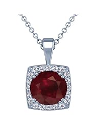 14K White Gold Cushion Cut Ruby And Round Diamond Pendant