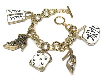 Lady’s Themed Chunky White Zebra White Animal Print Handbags Charm Bracelet Antique Gold Tone