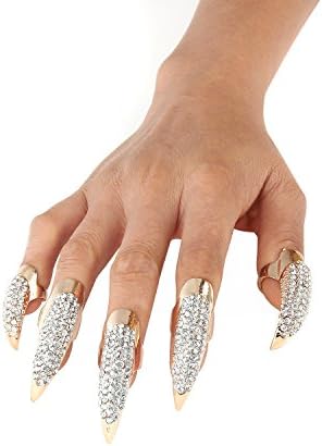 Danibos Punk Style Crystal Rhinestone Paved Paw Bend Fingertip Finger Claw Ring Set Fake False Nails Set (Golden,5PCS)