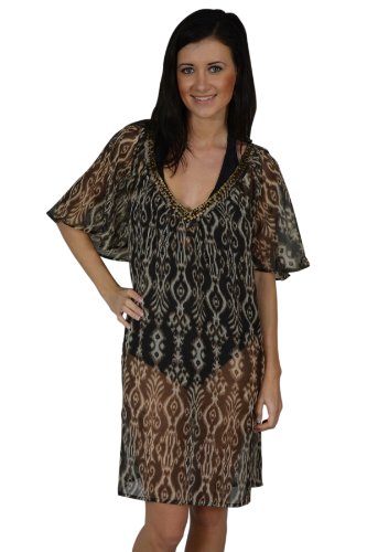 Ladies Short Sleeve Brown Sheer Abstract Pattern Swim Cover Up