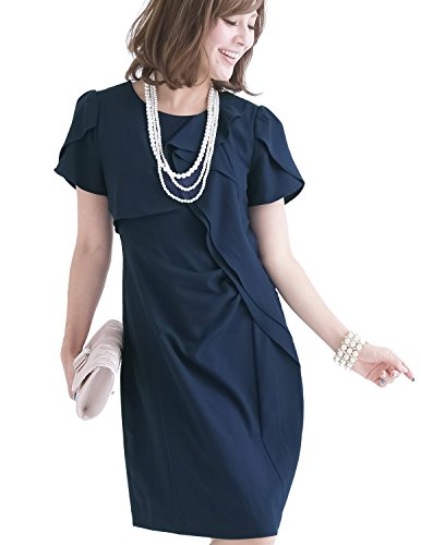 (プールヴー) PourVousワンピース ドレス パーティードレス フォーマルドレス ミセス フォーマルワンピース お呼ばれ 結婚式 二次会 披露宴 大きい 大きいサイズ 半袖 膝丈 タイト ジャガード ネイビー 1646