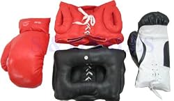 2 Head Gears with 2 Pairs of Boxing Gloves Red & Black Set