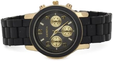 NEW Geneva Watch MK Style Chronograph Look Black Acrylic Closed Band Golden Bezel Medium Size Face