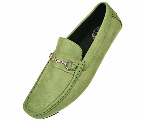 Amali Mens Casual Driving Moccasin Loafer in Green Microfiber With Silver Chain Ornament: Style Ecker Green-015