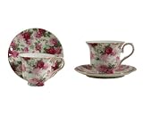 Gracie China Summer Rose Chintz 8-Ounce Porcelain Tea Cup and Saucer with Gold Trim, Set of 2 Gift Boxed