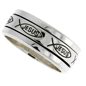 Sterling Silver 5/16" (8 mm) Christian Fish Design Spinner Ring Size 7: Jewelry