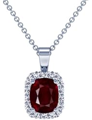 14K White Gold Cushion Cut Ruby And Round Diamond Pendant