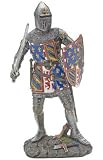 Knight in Armor Statue - Wielding Sword in Battle Ready Pose and Carrying Shield Adorned with Fleur de Lis and Other Symbols - Hand Painted in Full Color