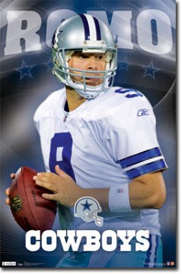 Professionally Framed Dallas Cowboys Tony Romo Sports Poster Print - 22x34 with RichAndFramous Black Wood Frame