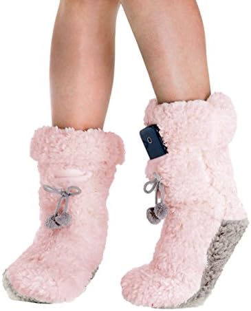 Plush Fuzzy Slippers Fleece Lined Light Pink Slipper Boots with Phone Pocket