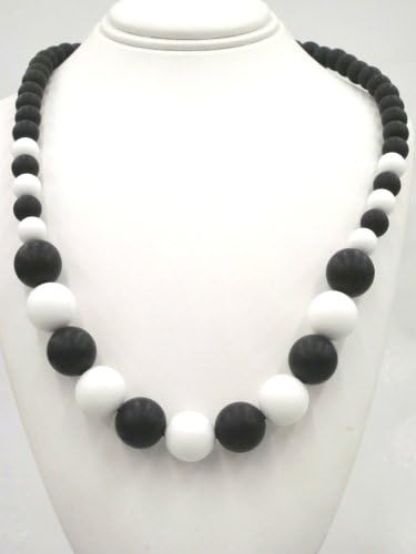 Chewable Teething Necklace for Teething Babies or Nursing Moms. Black 9mm Beads on Top and 14mm Alternating White and Black Beads in Center. Soft Silicone Food Safe Beads. BPA Free Non Toxic.