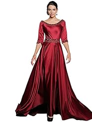 A-line Satin/Silk Elbow Length Sleeves Floor Length Beaded  Evening Dress/Homecoming Dress/Prom Dress/Wedding Party Dress  With Rhinestones