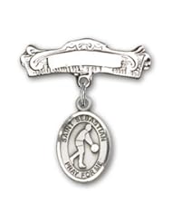 Sterling Silver Baby Badge with St. Sebastian/Basketball Charm and Arched Polished Badge Pin
