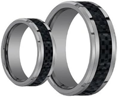 His 8mm & Her's 6mm Tungsten Carbide Wedding Band Ring Set With Black Carbon Fiber Inlay , Sizes 5-15 Including Half Sizes.