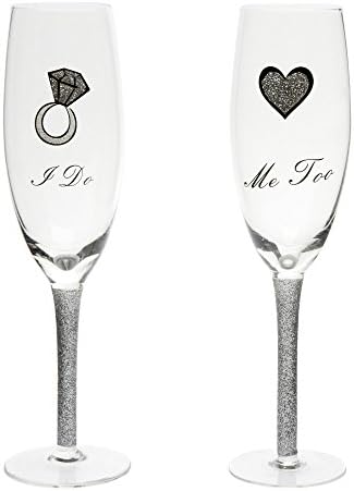 Set of 2 I Do & Me Too Bride and Groom Champagne Flute Glasses