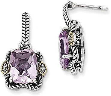 Sterling Silver w/14k Antiqued Pink Quartz &amp; Diamond Post Earrings,