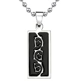 Natural Beauty: Designer Inspired Titanium & Black Enamel Tribal-style Tattoo Pattern Dog Tag Pendant on a Stainless Steel Ball Chain