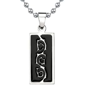 Natural Beauty: Designer Inspired Titanium & Black Enamel Tribal-style Tattoo Pattern Dog Tag Pendant on a Stainless Steel Ball Chain