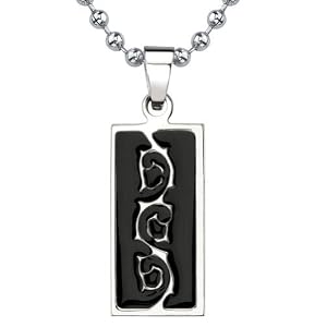 Natural Beauty: Designer Inspired Titanium & Black Enamel Tribal-style Tattoo Pattern Dog Tag Pendant on a Stainless Steel Ball Chain