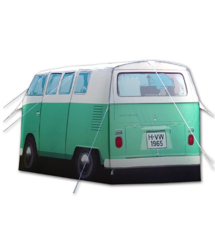 VW Camper Van Tent. Peppermint Green. Sleeps 4 Persons. Officially licensed by Volkswagen and designed on the 1965 VW Camper Van. Quick and easy to erect. Hydrostatic Head Waterproof Rating 3000mm Roof. VW Camper Van Tent includes inner and outer tents, poles, pegs, rope and instructions.