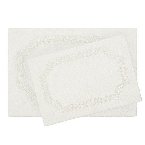 Reversible Cotton Bath Mat, Premium Bathroom Décor, Machine Washable Bathroom Rug, Highly Absorbent, 17"x24"/20"x32" 2-Piece Set, White