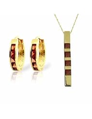 14k Yellow Gold Jewelry Set: Natural Garnet Pendant Necklace and Huggie Hoop Earrings