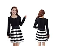 Cotton/Polyester Round Neck Long Sleeves Fall Winter Striped Print  Dress