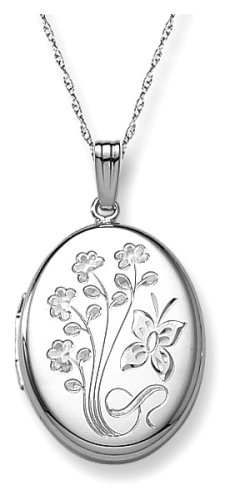 14k White Gold Engraved Flowers Oval Locket, 20″