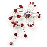 Red Flower And Butterfly Art Nouveau Brooch (Silver Tone)