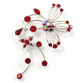Red Flower And Butterfly Art Nouveau Brooch (Silver Tone)