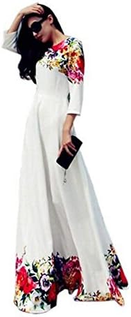 Desiraa Women Slim Flower Print A-Line Maxi Long Dress Medium White