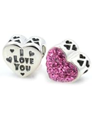 Pro Jewelry .925 Sterling Silver " 2 Sided I Love You / Pink Swarovski Pave on Heart " Charm Bead Compatible with Pandora Chamilia Kay Troll Bracelet