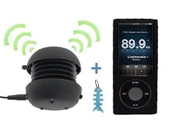 Apple Ipod Nano 5th Generation (5G) Silicone Skin Case Cover (Black) with Armband and Black Belt Clip + Portable Round Shape Rechargeable Mini Speaker + Fishbone Style Keychain