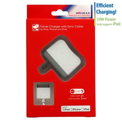 Travel Charger with Sync Cable for Apple iPad, Apple iPad 2, Apple iPhone 3G/3GS, Apple iPhone 4S/4, Apple iPod nano (3rd generation), Apple iPod nano (4th generation), Apple iPod nano (5th generation), Apple iPod nano (6th generation), Apple iPod touch (2nd generation), Apple iPod touch (4th generation)