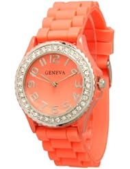 Womens Geneva Rhinestone-accented Silicone Watch - Coral