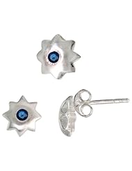 Sterling Silver Matte-finish Star Stud Earrings (7mm) & Pendant Slide (8mm) Set, w/ Brilliant Cut Blue Sapphire-colored CZ Stones