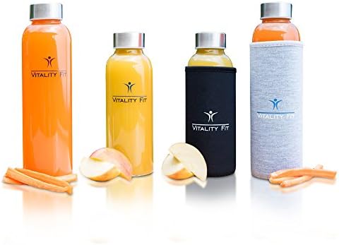 Reusable Glass Water Bottle - FREE Colourful Nylon Sleeve &amp; Bottle Brush - PERFECT for Juicing , Essential Oils , Camping , Gym , the office and everyday use - 18.5 Oz (Black)