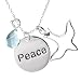 Sterling Silver PEACE Disc with Dove and Aqua Crystal Charm Necklace 16in-18in