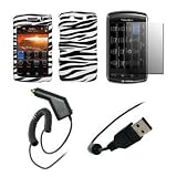 Premium Zebra Stripes Design Snap-On Cover Hard Case Cell Phone Protector + Crystal Clear LCD Screen Protector + Rapid Car Charger + USB Data Charge Sync Cable for BlackBerry Storm 2 9550 [Accessory Export Packaging]