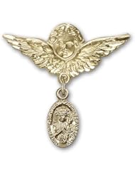 Gold Filled Baby Badge with O/L of Czestochowa Charm and Angel w/Wings Badge Pin