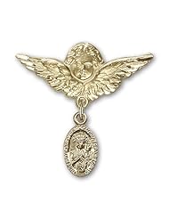 14K Gold Baby Badge with Our Lady of Czestochowa Charm and Angel with Wings Badge Pin