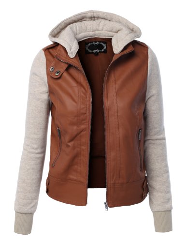 LE3NO Women's Zip Up Faux Leather Moto Jacket with Hoodie