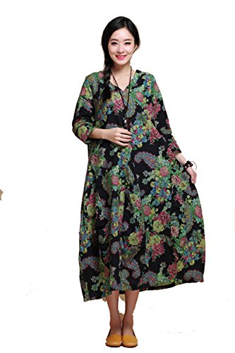 (フアングー)huanggu 秋印刷リネン ミディ丈 チュニック ワンピース レディース 麻 レトロ クラシック 長袖 膝丈 A ライン ワンピ