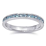 Rhodium Plated Sterling Silver Wedding & Engagement Ring Aquamarine CZ Channel set Eternity Ring 3MM ( Size 3 to 12)