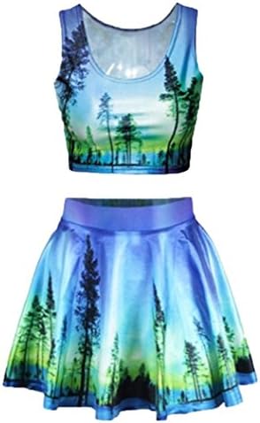 Ninimour- Digital Print Reversible Crop Top + Skirt 2 Pieces Vintage Clubwear (aurora sky)