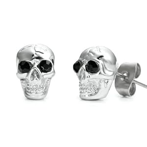 Sparkling Skulls CZ Stainless Steel Silver Stud Earrings for Men (Black Cubic Zirconia) (Jewelry)